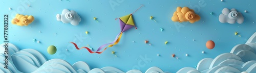 Vibrant kite on a blue sky like background with fluffy cloud decorations, 3D render clay style , summer background, top view, copy space, studio shooting