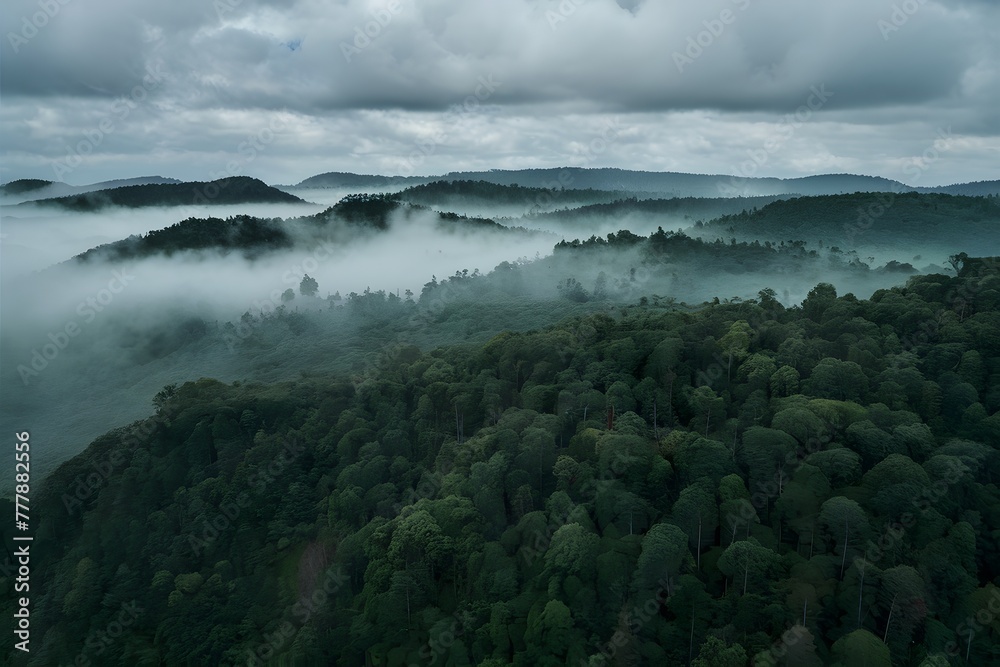 Aerial view dark green forest with misty clouds, ecosystem concept Aerial view dark green forest with misty clouds, ecosystem concept