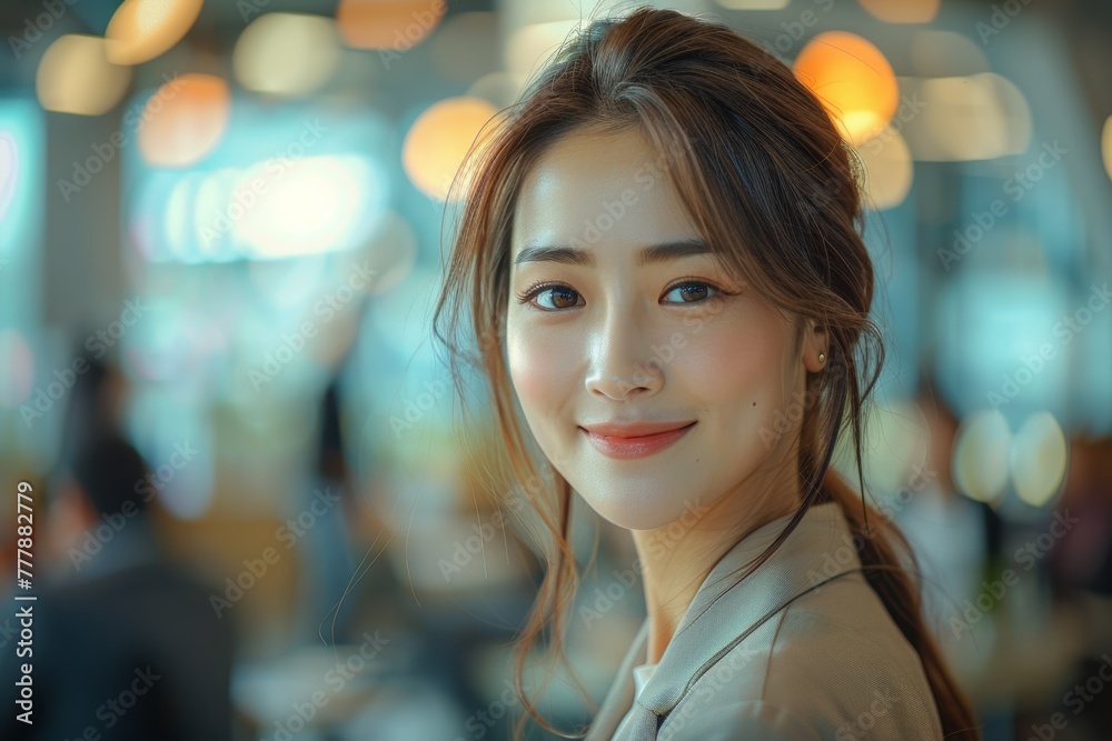 Obraz premium positivity, as a young and radiant businesswoman a beautiful manager brings a sunny glow to her tasks in the contemporary office environment. Generative AI.