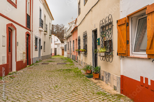 Traditional Portuguese houses line a cobbled street, adorned with wrought-iron window guards.