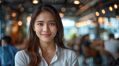 positivity, as a young and radiant businesswoman a beautiful manager brings a sunny glow to her tasks in the contemporary office environment. Generative AI.