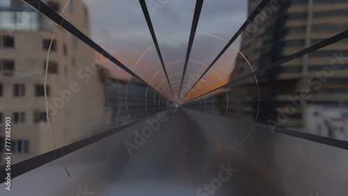 A glass sky train between high building in a sunset time (3D Rendering)