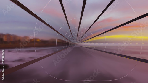 A glass sky train tunnel along city beach in a sunset time (3D Rendering)