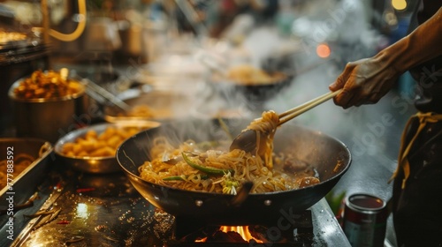 Cooking Pad Thai in an open-air kitchen