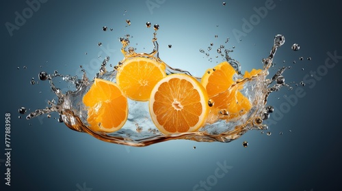 Half of fresh ripe orange fruit with splash of clear water