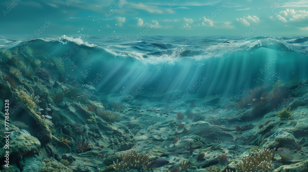 Tranquil underwater scenery with a cresting wave above vibrant marine life on the ocean floor Tranquil underwater scenery with a cresting wave above vibrant marine life on the ocean floor