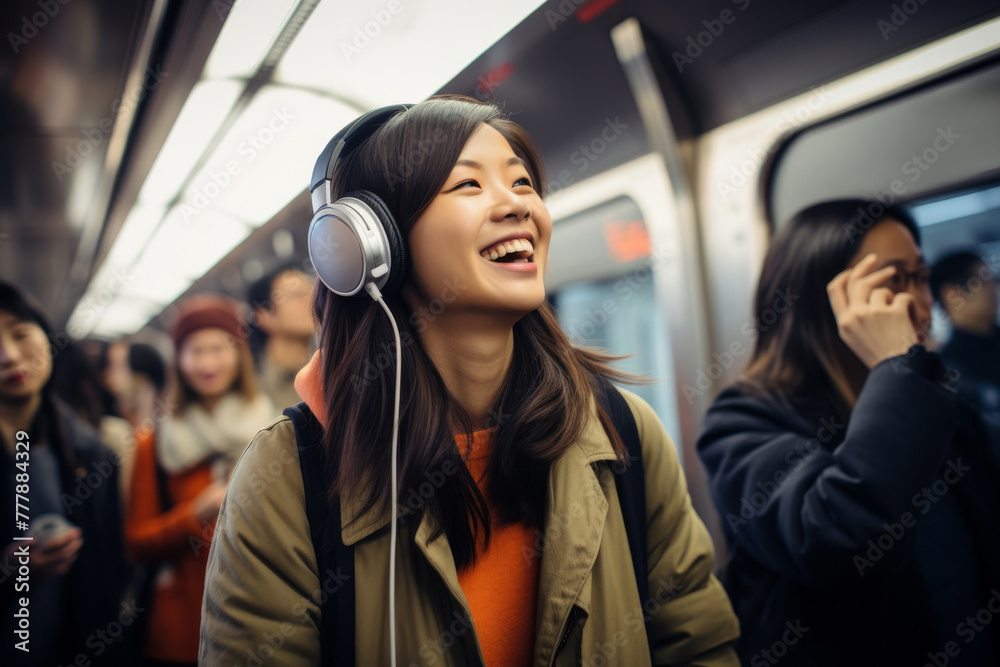 Fototapeta premium Enjoy music bliss as a smiling woman selects tracks on her cellphone, lost in the melody with headphones, a portrait of relaxation against a vibrant Tube Train backdrop. Generative AI.