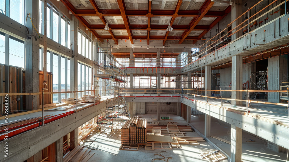 Fototapeta premium Spacious wooden and concrete structure of an unfinished building in a bright daylight setting