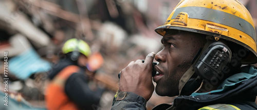 Concentrated African-American firefighter coordinating rescue operations at an urban disaster site