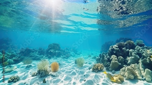 underwater view of coral reefs. ecosystem. life in tropical waters with clear sea water