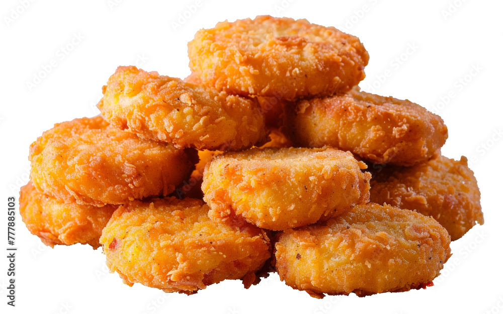 A stack of fried chicken nuggets, cut out - stock png. A stack of fried chicken nuggets, cut out - stock png.