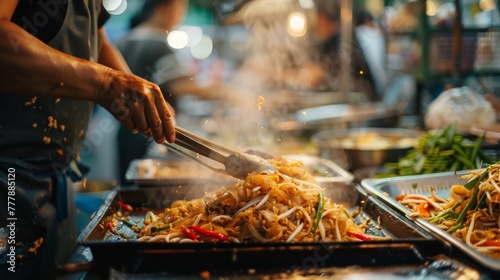 Aromatic Pad Thai being skillfully prepared at a night market