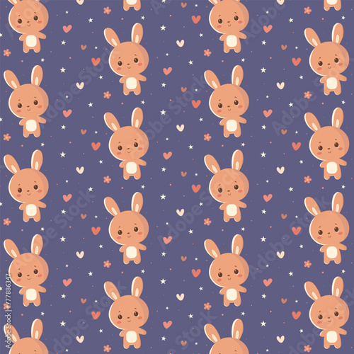 Seamless cute pattern with a little cartoon bunny surrounded by hearts and stars, wrapping paper, clothes, bed linen