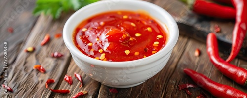 Spicy red sauce in a white bowl on a wooden table