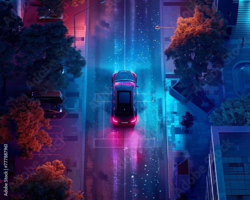 Dynamic lighting leading a vehicle to its smart parking spot nighttime city