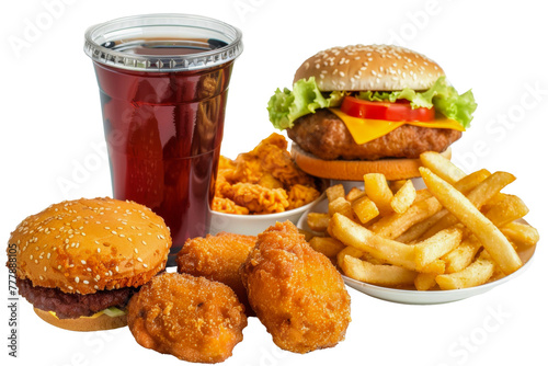 A plate of food and a drink with a burger and fries, cut out - stock png.