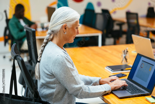 Gray haired woman working on laptop at office photo
