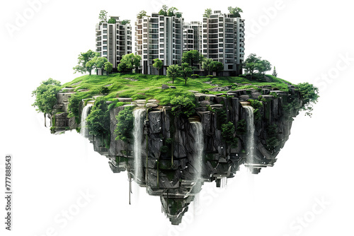 3d illustration modern apartment condominium building floating with beautiful landscape waterfalls on the patch of land, eco friendly concept, isolated on white background, png © Black Pig