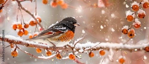 an adorable spotted towhee enjoys dry berries in cold winter photo