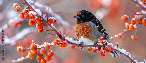 an adorable spotted towhee enjoys dry berries in cold winter photo
