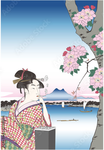 浮世絵　歌川広重と喜多川歌麿のタバコを吸う女と隅田川水神の森真崎のイメージイラスト2