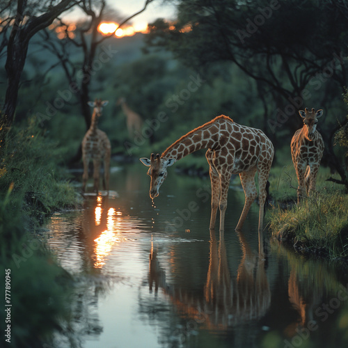 giraffes drink the water