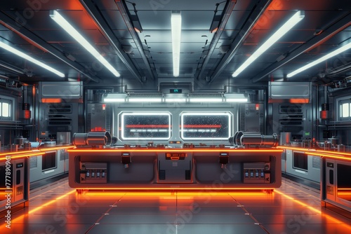 A futuristic kitchen with orange lights and a metallic look. The kitchen is empty and has a futuristic feel to it