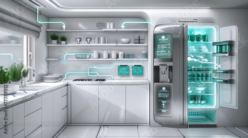 A futuristic kitchen with a refrigerator that has a screen on it. The refrigerator is full of food and drinks