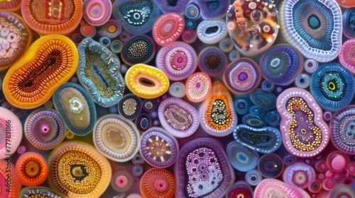 A colorful and chaotic image of various nematode and trematode eggs each with a unique shape and pattern resembling a bizarre and