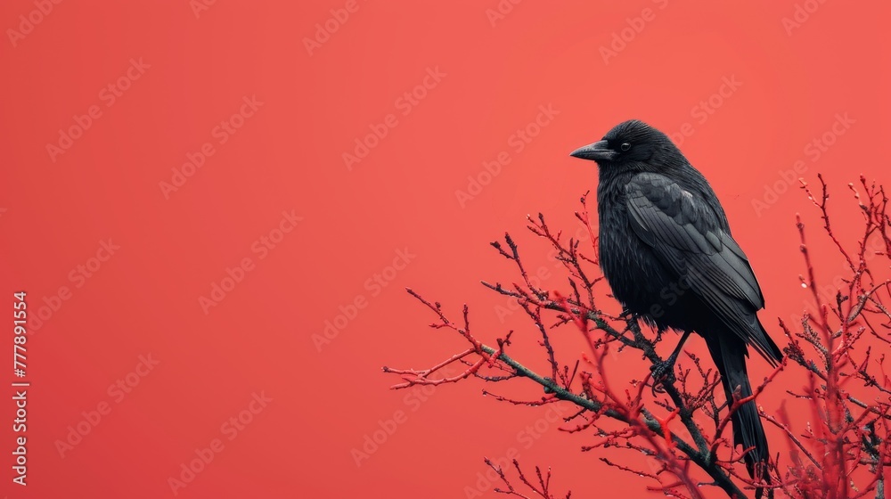 Obraz premium Black Bird Perched on Tree Branch