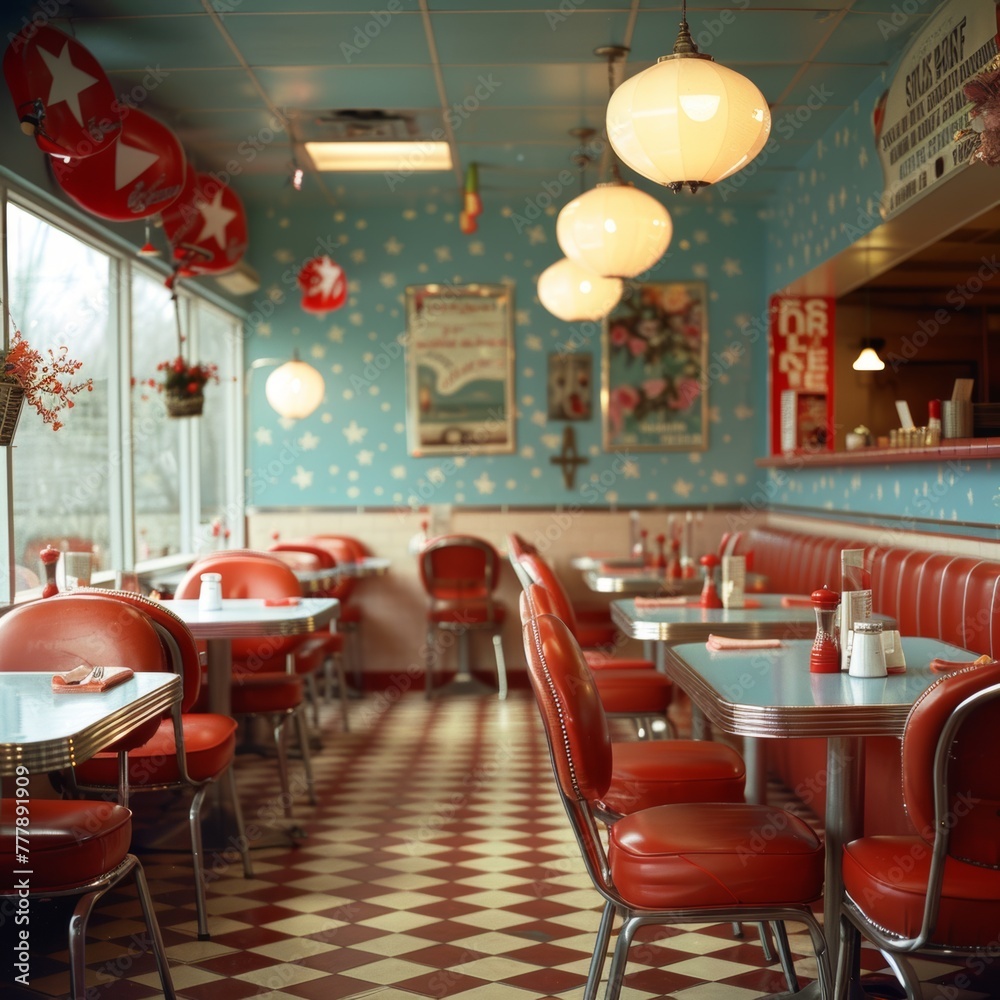 A red and white diner with a blue and white wall. The chairs are arranged in rows and the tables are set with condiments and utensils. The atmosphere is casual and inviting