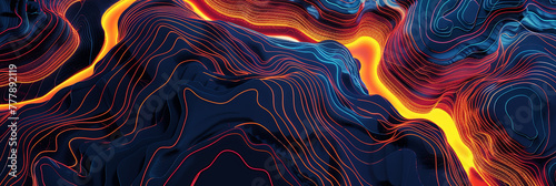 colorful topographic map of the river valley, glowing with orange and yellow lines on a dark blue background, generative AI photo