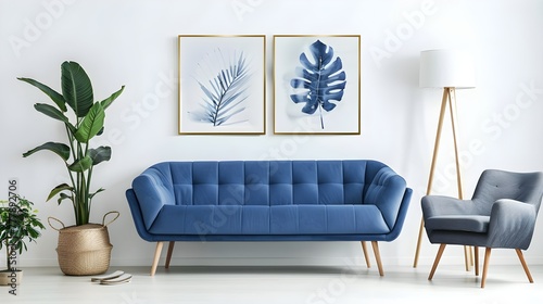 Minimalist Living: Blue Sofa & Terra Cotta Lounge in Modern Interior