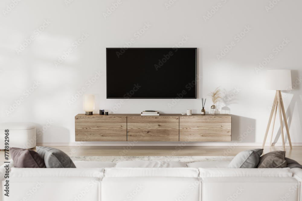 Living room interior with TV screen in front of couch. home interior Living room interior with TV screen in front of couch. home interior