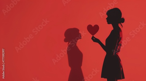 Woman Giving a Heart to her Shadow, Concept of Self-Love, I Love Myself