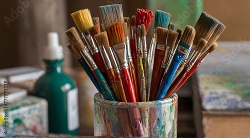 A vase filled with paintbrushes and paint, ready for an artist's creative touch.