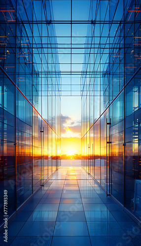 Azure sky, tower block with many windows, sunset afterglow