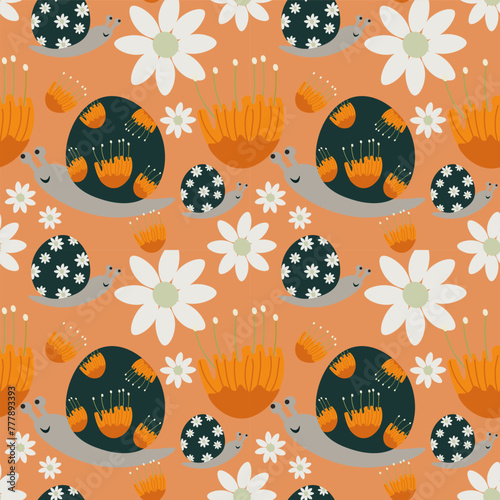 Cute snail and Flower vector ilustration seamless patern.Yellow background.Great for textile,fabric,wrapping paper,and any print.