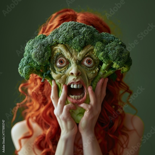 Red-Haired Woman Wearing Green Mask With Broccoli