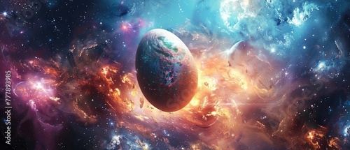 A surreal image of an egg floating in a cosmic space merging themes of creation and the universe