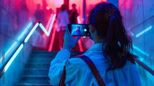 white camera woman social media influencer holding an iphone seen from the back, filming, on the display we see people walking up a stairway  photo