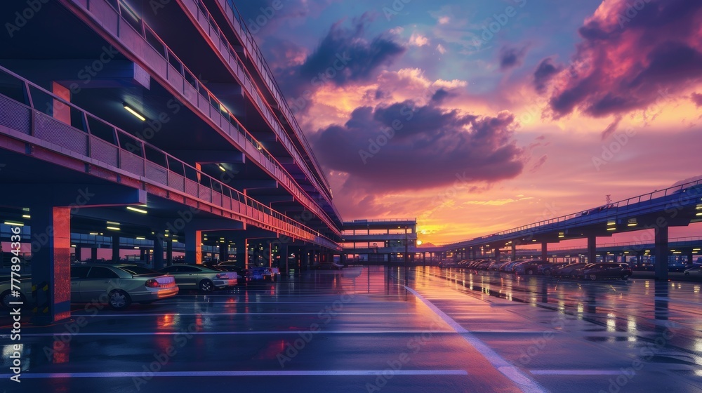 Panoramic view of a smart parking facility at sunset