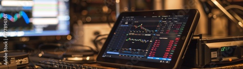 Portable trading setup with a tablet managing investments from anywhere photo