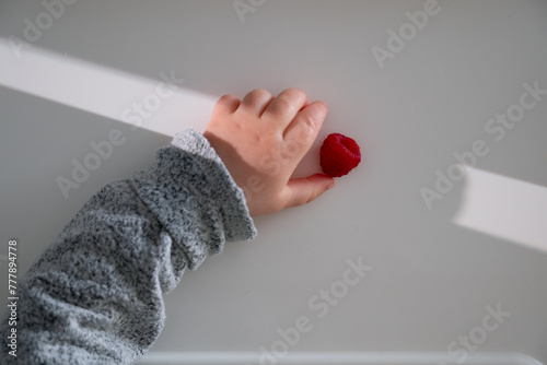 Baby boy's hand grabs a raspberry photo