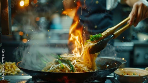 Skillful chef tossing Pad Thai in a hot wok street food scene