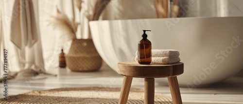 Create an image featuring a modern stool with a square, pumpstyle brown shampoo bottle on top The background