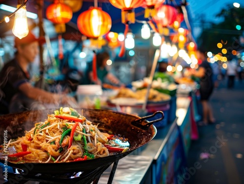 Street lanterns glow as Pad Thai is spun in a wok night market dining