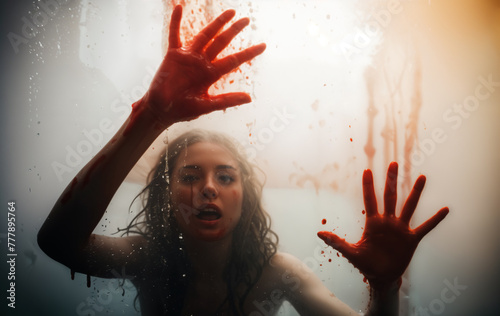 Naked woman in fear with her bloody hands up against the wet glass of a steaming hot shower window, frightened expression - scary halloween horror. 