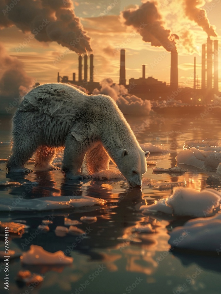 climate crisis, polar bear, melting glaciers, industrial chimneys and smoke, polluted air - obrazy, fototapety, plakaty 
