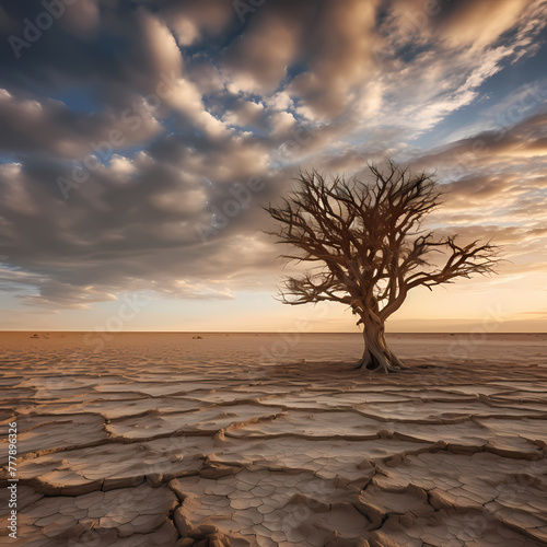 A dramatic shot of a lone tree in the middle of a desert
